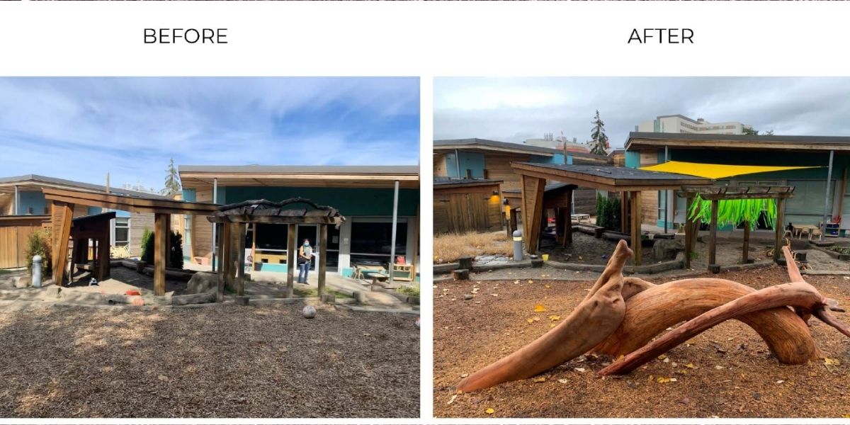Before and after photos of the outdoor play space at DM daycare