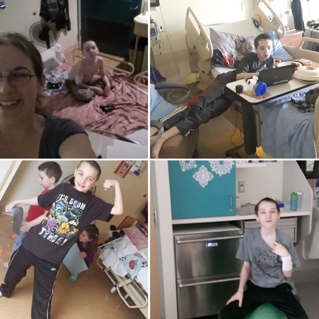 A collage of photos of Sam Maloney in the hospital.