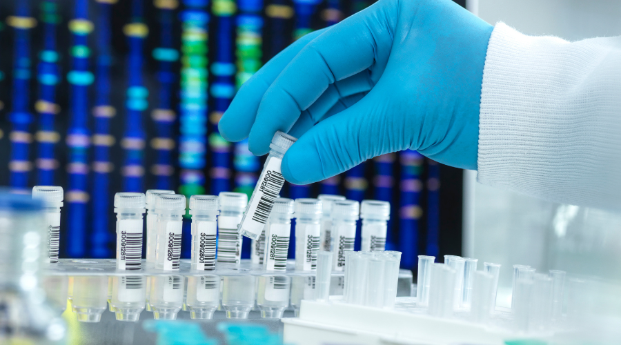 gloved hand holding a sample for dna testing