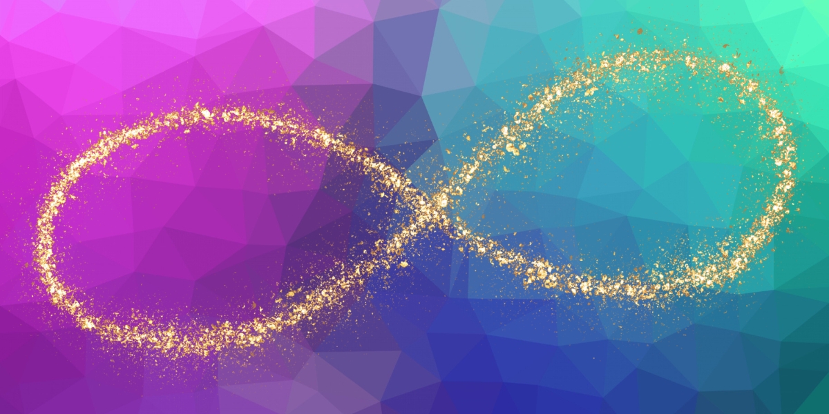 golden infinity symbol against rainbow background