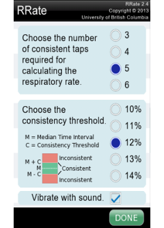 Settings allowed are the number of taps from 3-6 and the consistency from 10-14%.